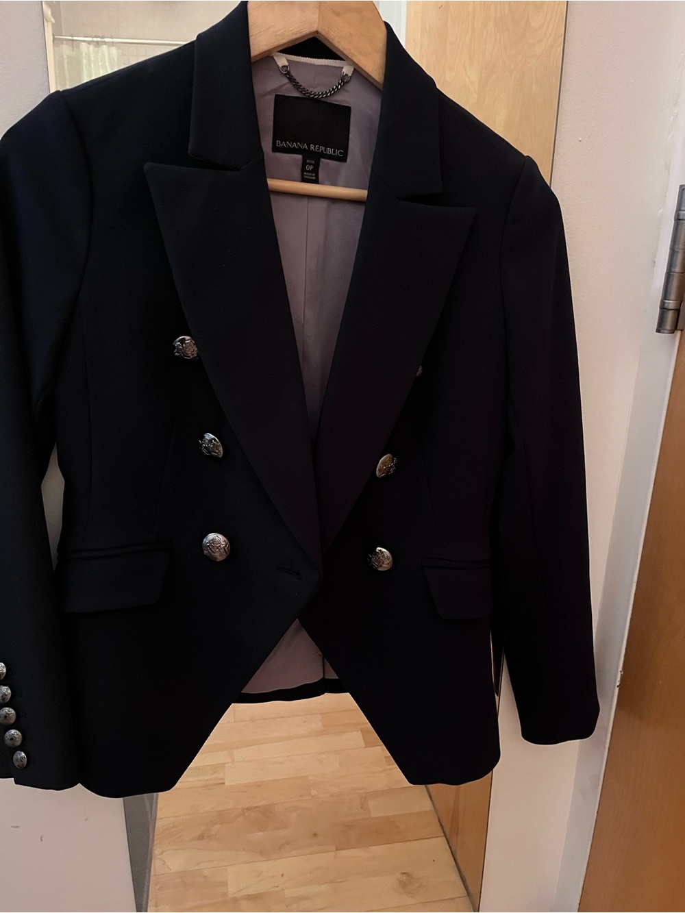 Banana Republic Navy Double-Breasted Suit Jacket with Silver Buttons OP